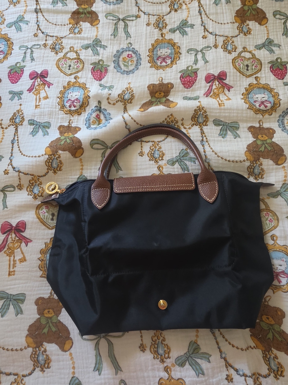 Longchamp Le Pliage Small Nylon Tote in Black with Brown Trim - Picture 5 of 12